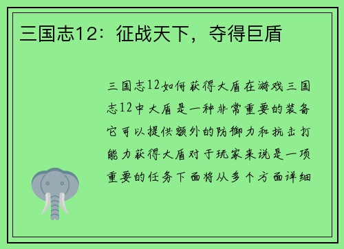 三国志12：征战天下，夺得巨盾